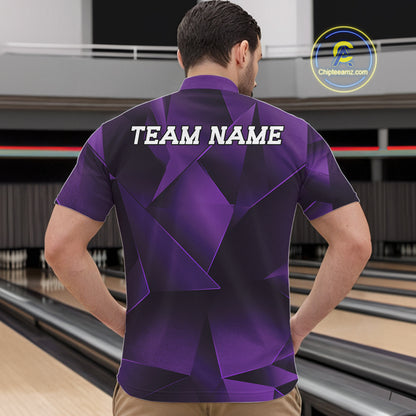 Person wearing a purple bowling shirt with 'TEAM NAME' on the back, standing in a bowling alley.