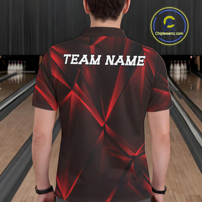 Person wearing a red and black bowling shirt with 'TEAM NAME' on the back in a bowling alley.
