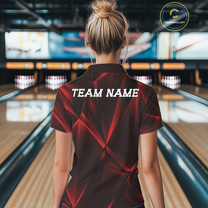 Person wearing a bowling shirt with 'TEAM NAME' on the back in a bowling alley.