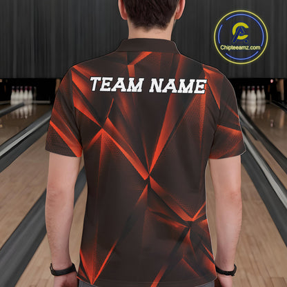 Person wearing a black and red sports jersey with 'TEAM NAME' text in a bowling alley.
