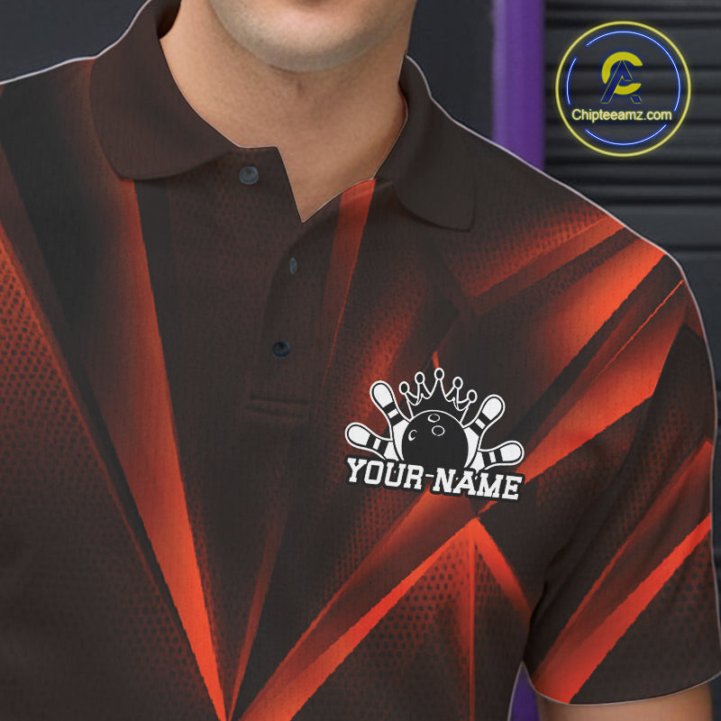 Black and red striped polo shirt with a bowling design and 'Your Name' text, brand logo visible.