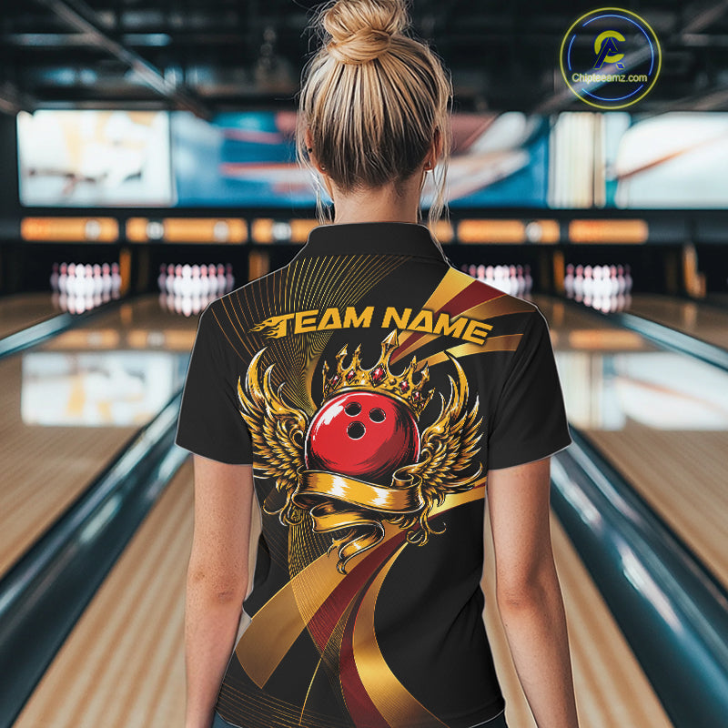Person wearing a bowling shirt with 'Team Name' on the back in a bowling alley.