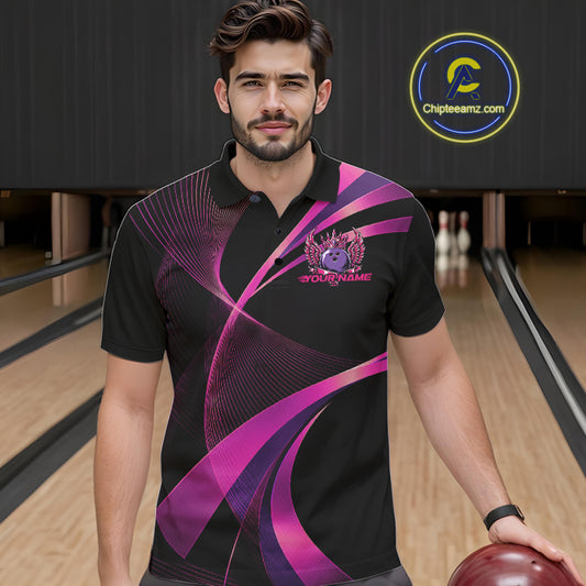 Man wearing a black and purple bowling shirt with a logo on a bowling alley.