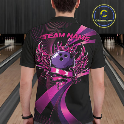 Person wearing a black bowling shirt with a purple bowling ball design in a bowling alley.