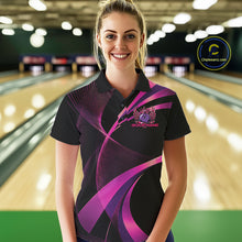 Load image into Gallery viewer, Woman wearing a black and purple bowling shirt with a logo on a bowling alley background