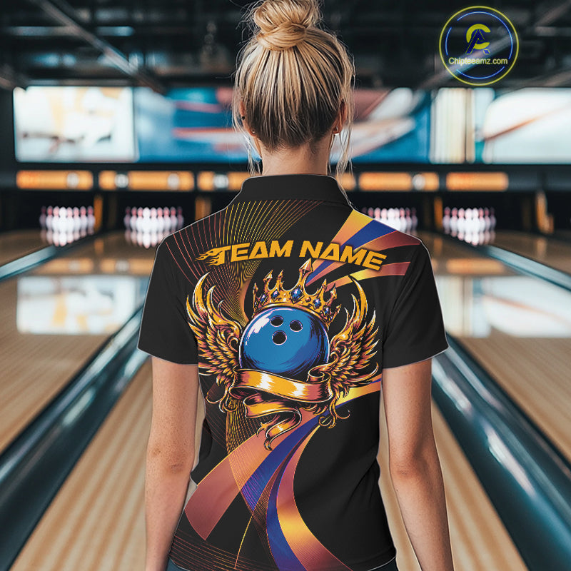 Person wearing a colorful bowling shirt with 'Team Name' on the back in a bowling alley.