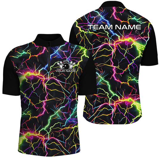 Colorful Lightning Custom Bowling Quarter Zip Shirts For Men, Rainbow Colors Outfit Bowling IPHW6792