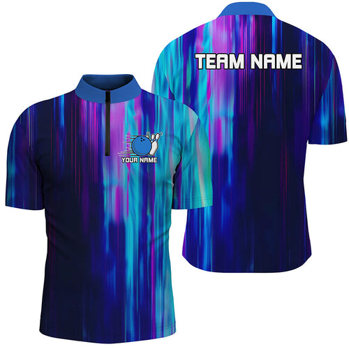 Blue And Purple Custom Bowling Quarter Zip Shirts For Men, Galaxy Bowling Team Shirts IPHW6793