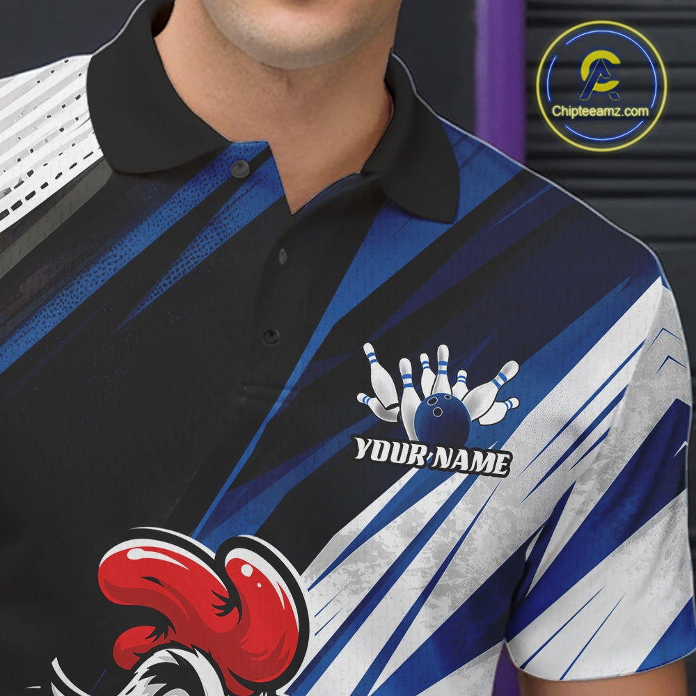 Custom Funny Crazy Chicken Bowling Team Men Polo Shirt, Blue Chicken Bowling Jerseys IPHW11618