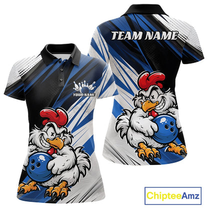Front and back views of a short-sleeve polo shirt featuring a cartoon bowling chicken graphic on a blue, white, and black abstract background. The front has a white custom logo placeholder and the back has 'TEAM NAME' printed in white.