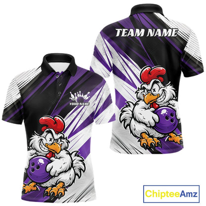 Front and back views of a short-sleeve custom polo shirt featuring a cartoon rooster holding a purple bowling ball on a purple and white striped background. The front shows a white crown logo with placeholder text, and the back has 'TEAM NAME' printed at the collar.