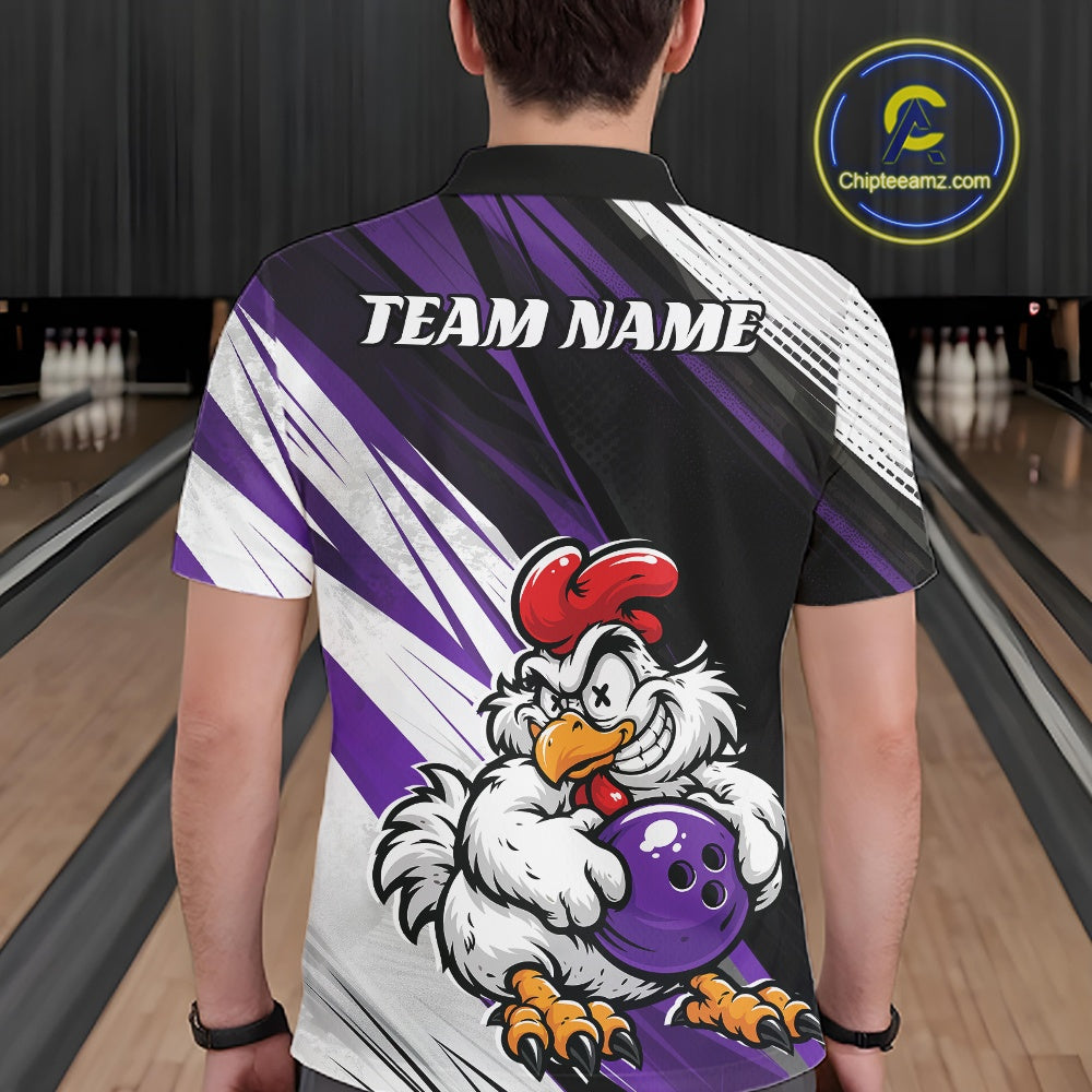 A person viewed from behind wearing a custom bowling-themed short-sleeve shirt with a cartoon chicken holding a purple bowling ball, set against a bowling alley background. The shirt features purple, white, and black diagonal stripes with 'TEAM NAME' printed on the back.