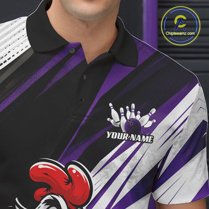 A close-up of a man wearing a custom bowling-themed polo shirt. The shirt features a black collar, black and purple diagonal stripes, white textured shoulder panels, a bowling pin and ball graphic with the text 'YOUR NAME', and a red bowling pin graphic in the lower left.