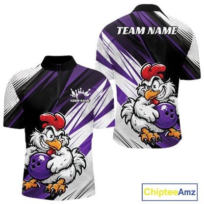 Custom short-sleeve bowling jersey shown from the front and back, featuring a cartoon rooster holding a purple bowling ball on a purple, white, and black abstract background. The front has a mock crown logo with placeholder text, and the back has 'TEAM NAME' text at the collar.