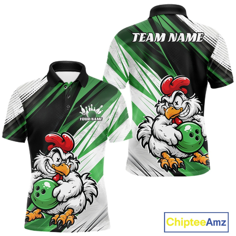 Custom short-sleeve polo shirt shown in front and back views, featuring a cartoon rooster holding a green bowling ball on a green and white striped background, with 'TEAM NAME' and 'YOUR NAME' text placeholders. A 'ChipteeAmz' logo is visible in the bottom right corner.