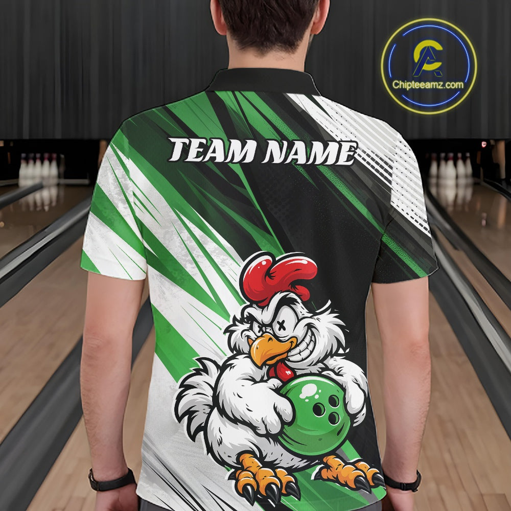 A person viewed from behind wearing a short-sleeve bowling-themed polo shirt with a large cartoon rooster holding a green bowling ball on the back, plus 'TEAM NAME' text and a visible Chipteamz.com logo watermark in the upper right.