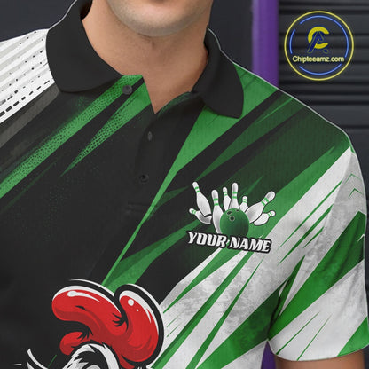 A close-up of a man wearing a custom bowling-themed polo shirt. The shirt features a black collar, a black and green diagonal striped pattern, white textured stripes, a red bowling pin graphic, and a customizable chest design with a bowling pin graphic and the text 'YOUR NAME'.
