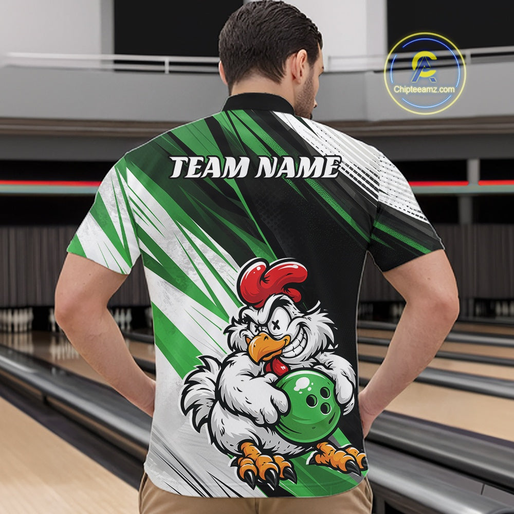 A man viewed from behind wearing a custom bowling shirt with a green, white, and black graphic design, featuring a cartoon rooster holding a bowling ball and the text 'TEAM NAME' on the back. The background shows bowling lanes.