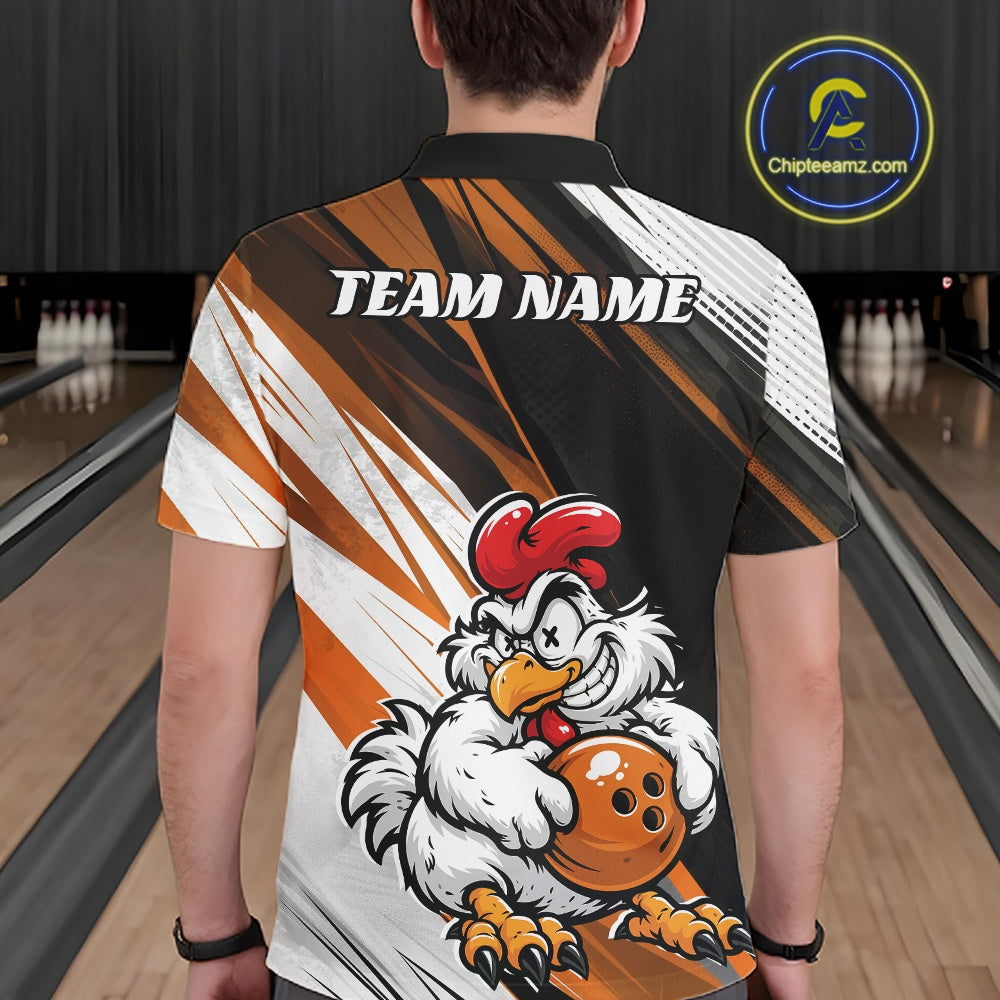 A man viewed from behind wearing a custom-designed short-sleeve bowling shirt. The shirt features a black, white, and orange abstract background with a cartoon rooster holding an orange bowling ball on the back.