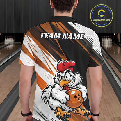 A man viewed from behind wearing a custom-designed short-sleeve bowling shirt. The shirt features a black, white, and orange abstract background with a cartoon rooster holding an orange bowling ball on the back.