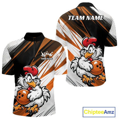 Custom short-sleeve athletic jersey shown from both front and back, featuring a cartoon rooster holding bowling balls on a black, white, and orange striped background. The front has a mock logo area reading 'YOUR NAME' and the back has 'TEAM NAME' printed at the shoulders.