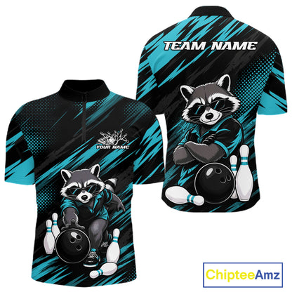 Front and back views of a short-sleeve bowling-themed quarter-zip shirt on a white background. The shirt features a black and teal abstract brushstroke pattern with a cartoon raccoon wearing sunglasses, bowling pins, and a bowling ball.