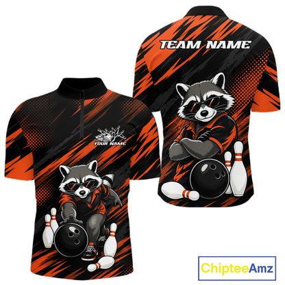 Front and back views of a short-sleeve bowling-themed quarter zip shirt. The design features a cartoon raccoon wearing sunglasses, bowling with a black bowling ball and white bowling pins, set against a black and orange diagonal striped pattern.