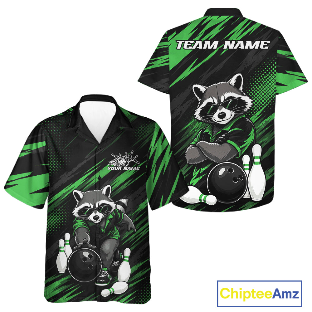 Custom bowling-themed short-sleeve button-up shirts shown from both front and back. The design features a raccoon holding a bowling ball with bowling pins, set against a black and green abstract background.