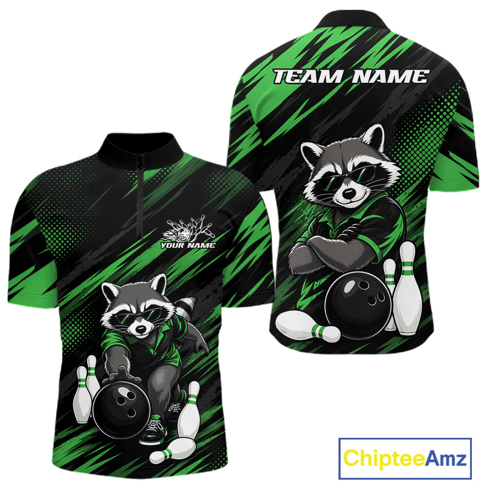 Front and back views of a short-sleeve bowling-themed quarter-zip shirt on a white background. The design features a cartoon raccoon holding a bowling ball, bowling pins, and green diagonal brushstroke patterns on a black base.
