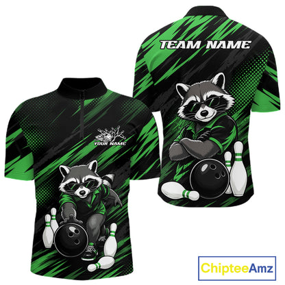 Front and back views of a short-sleeve bowling-themed quarter-zip shirt on a white background. The design features a cartoon raccoon holding a bowling ball, bowling pins, and green diagonal brushstroke patterns on a black base.