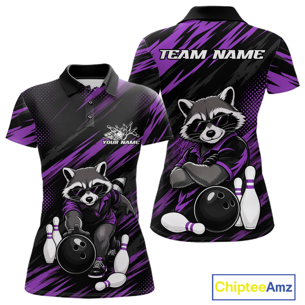 Front and back views of a short-sleeve polo shirt with a raccoon bowling graphic, black and purple diagonal stripes, and customizable text areas on the chest and back