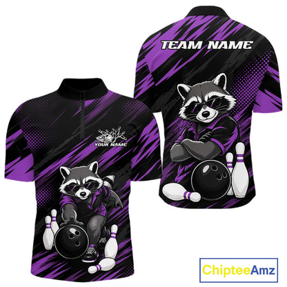 Front and back views of a short-sleeve bowling-themed quarter zip shirt. The shirt features a black and purple abstract background with a cartoon raccoon holding a bowling ball
