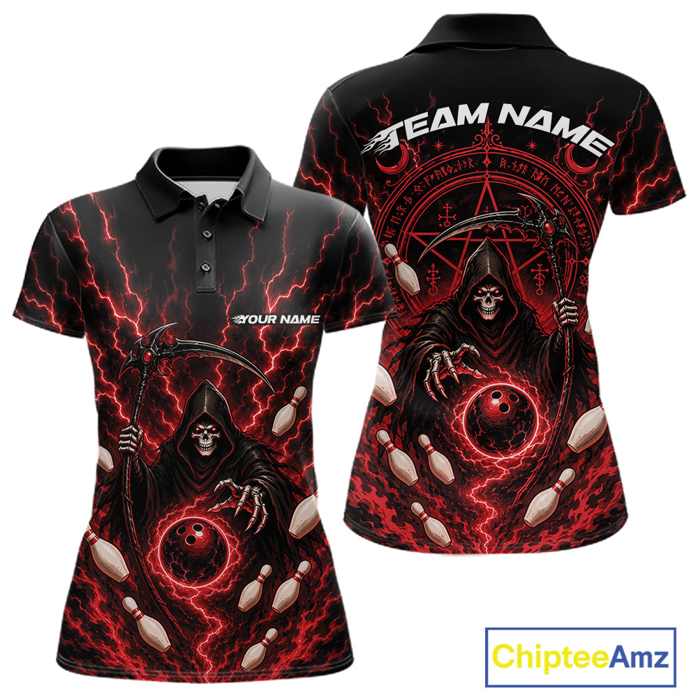 A womens short-sleeve polo shirt shown from the front and back on a white background. The shirt features a black base with a detailed graphic of a grim reaper holding a scythe, surrounded by red lightning bolts and bowling pins.