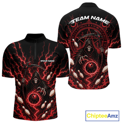 Black short-sleeve quarter-zip shirt shown from front and back, featuring a grim reaper graphic with red lightning, white bowling pins, and customizable white text reading TEAM NAME and YOUR NAME