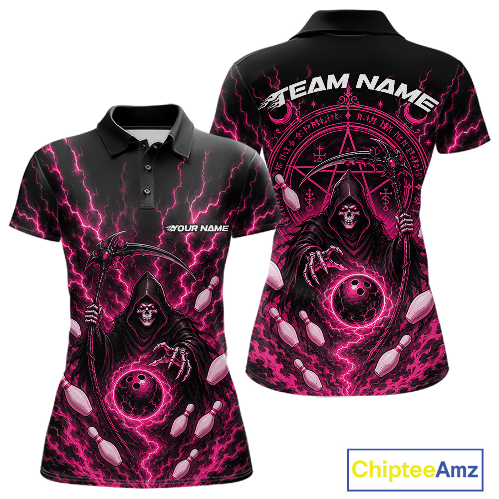 A custom womens short-sleeve polo shirt shown from both front and back, featuring a black base with vivid pink lightning, a grim reaper graphic, bowling pins, and placeholder text 'TEAM NAME' and 'YOUR NAME'.