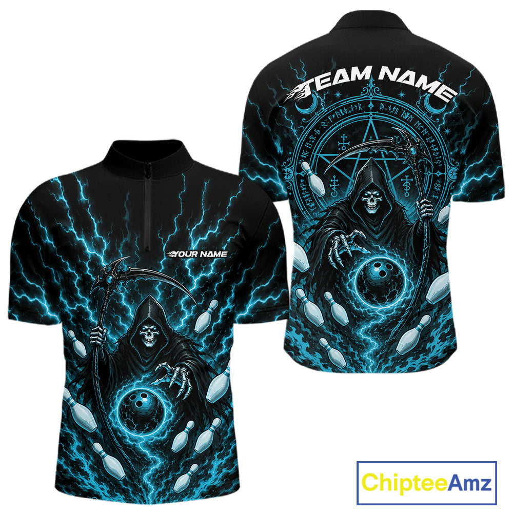 Custom unisex short sleeve quarter zip shirt shown from front and back with a dramatic blue lightning and grim reaper graphic, plus customizable text areas 