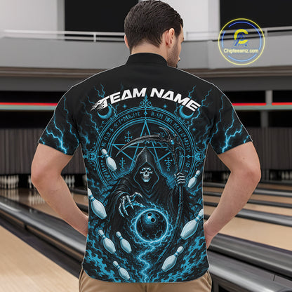 A man viewed from behind wearing a black short-sleeve bowling shirt with a large blue and black grim reaper graphic and the text 'TEAM NAME' across the upper back. 
