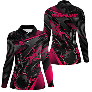 Black And Pink Custom Flame Bowling Shirts For Women, Fire Bowling Team Shirt Bowler Jersey IPHW7933