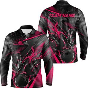 Black And Pink Custom Flame Bowling Shirts For Men, Fire Bowling Team Shirt Bowler Jersey IPHW7933