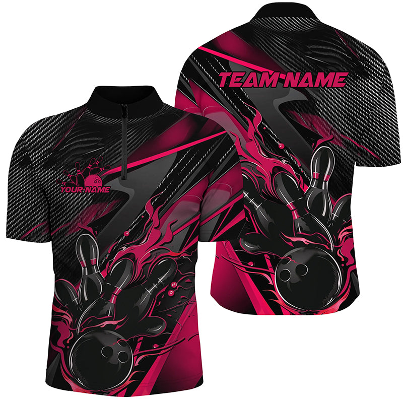 Black And Pink Custom Flame Bowling Shirts For Men, Fire Bowling Team Shirt Bowler Jersey IPHW7933