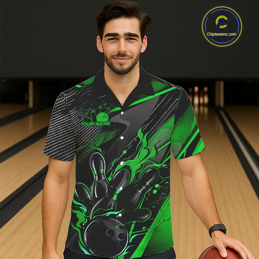 Black And Green Custom Flame Bowling Men Hawaiian Shirts, Fire Bowling Team Shirt Bowler Jersey IPHW7934