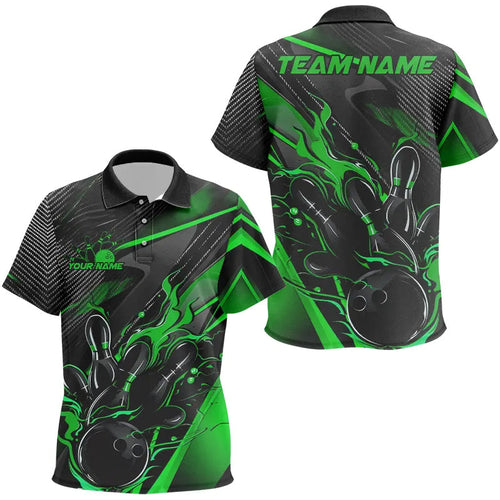 Black And Green Custom Flame Bowling Kid Polo Shirts, Fire Bowling Team Shirt Bowler Jersey IPHW7934