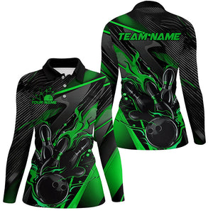 Black And Green Custom Flame Bowling Shirts For Women, Fire Bowling Team Shirt Bowler Jersey IPHW7934