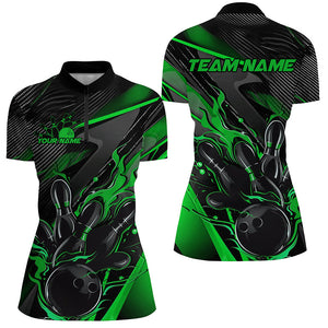 Black And Green Custom Flame Bowling Shirts For Women, Fire Bowling Team Shirt Bowler Jersey IPHW7934