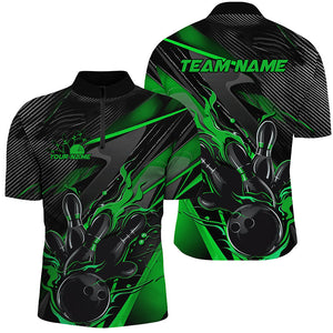 Black And Green Custom Flame Bowling Shirts For Men, Fire Bowling Team Shirt Bowler Jersey IPHW7934