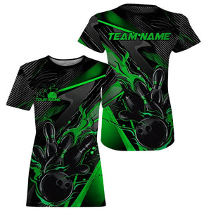 Black And Green Custom Flame Bowling Women T-Shirts Shirts, Fire Bowling Team Bowler Jersey IPHW7934