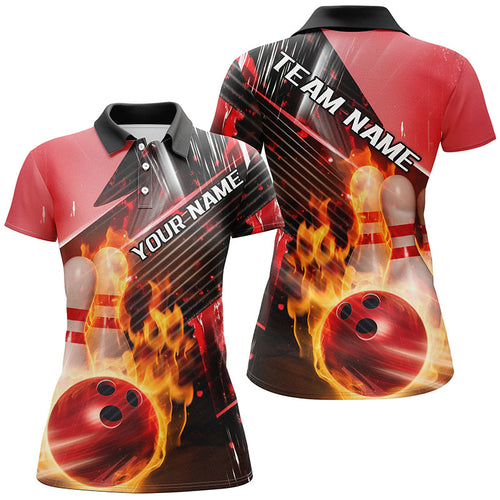 Black And Red Custom Flame Bowling Shirts For Women, Fire Bowling Team Shirt Bowler Outfit IPHW7938