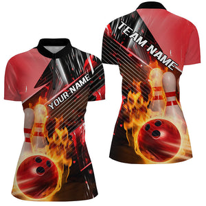 Black And Red Custom Flame Bowling Shirts For Women, Fire Bowling Team Shirt Bowler Outfit IPHW7938