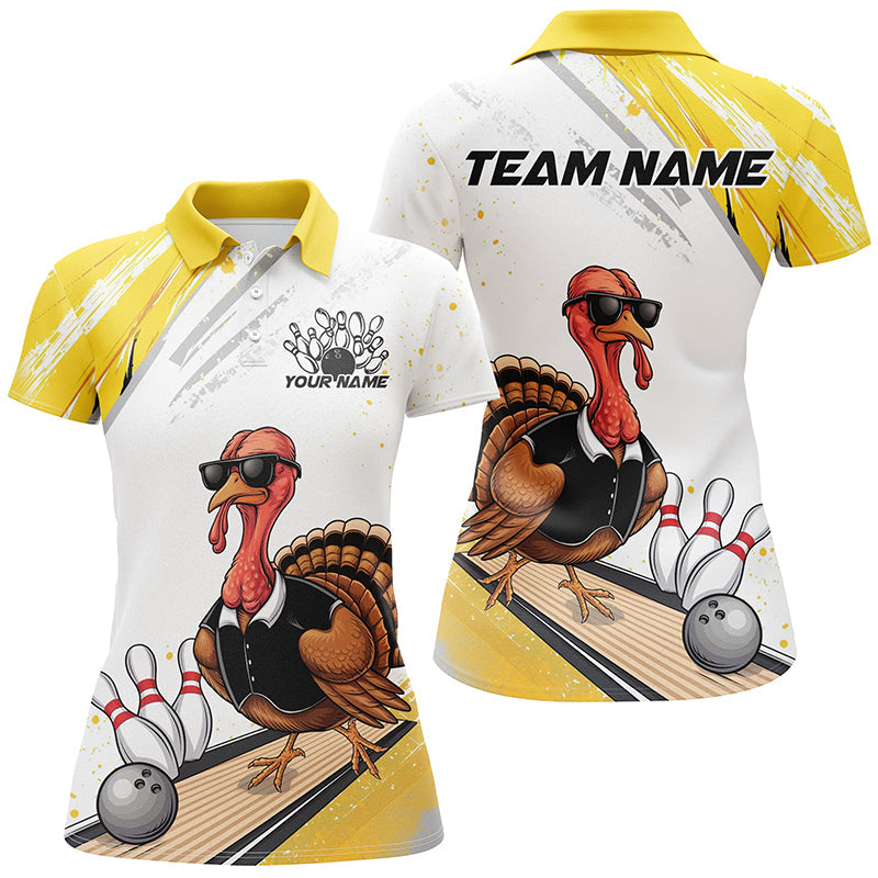 Custom Yellow Funny Turkey Bowling Team Shirts For Women, Thanksgiving Bowler Outfits IPHW7940