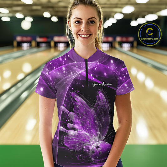 Custom Ethereal Purple Butterfly Bowling Women Quarter-Zip Shirts, Ladies Bowling Outfit IPHW10245